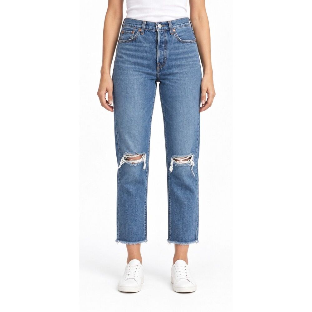 Levi’s Premium Wedgie Straight Jeans W26 L26 Blue Distressed Raw Hem Button Fly